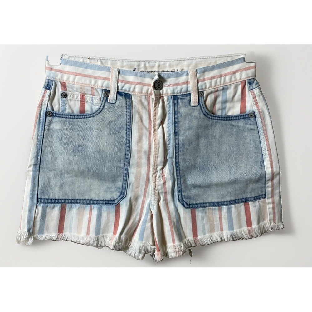 American Eagle High Rise Carnival Stripe Mom Jean‎ Shorts Denim Frayed Hem Sz 2